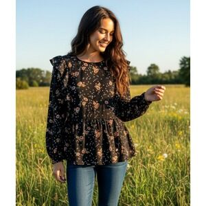 NEW Loft Top Black Floral Ruffle Peplum Peasant‎ Boho Coquette Romantic Size L